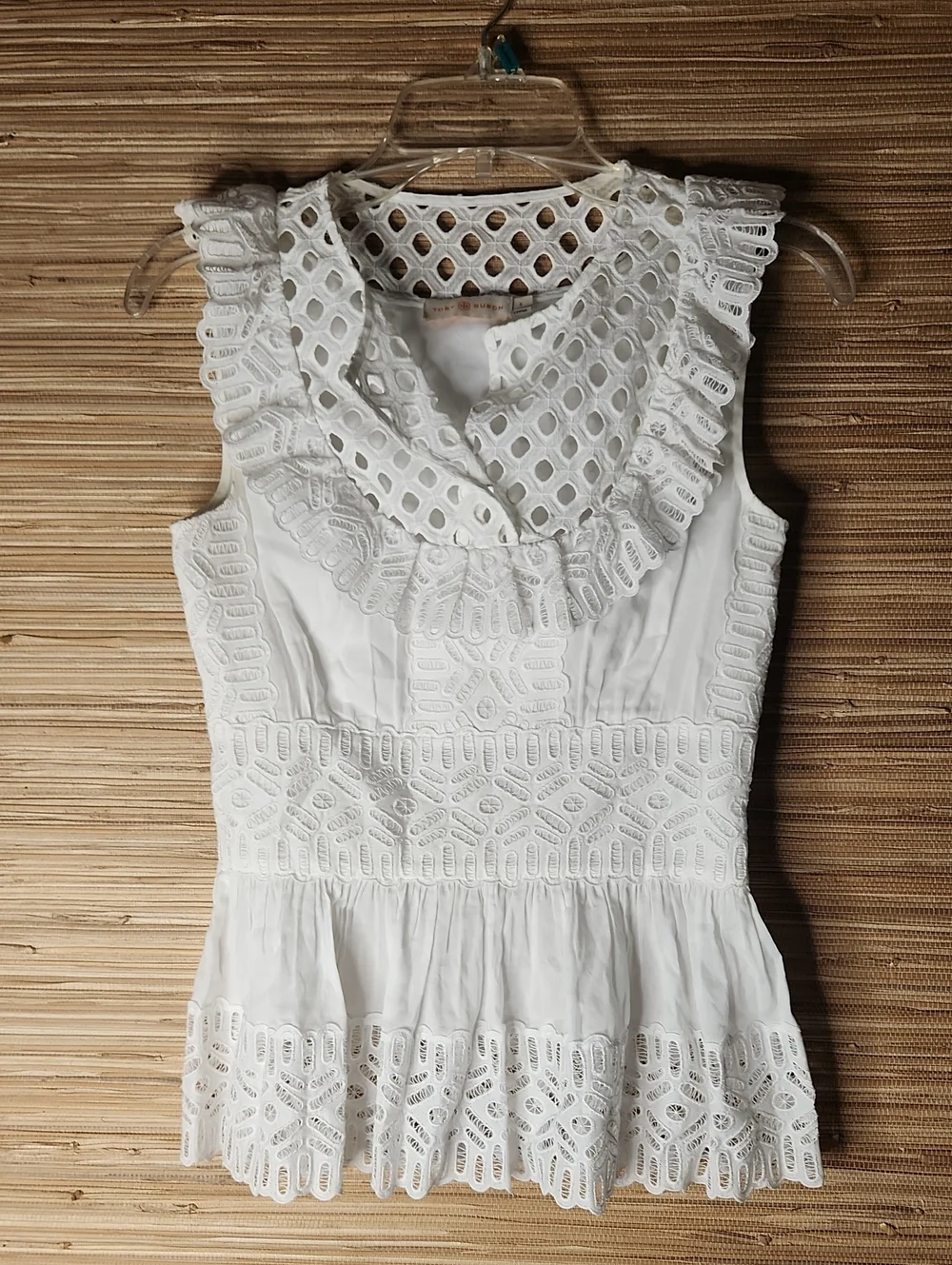 Tory Burch Women's White Eyelet Ruffle Sleeveless Top Size 0